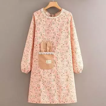 Floral Restaurant Kitchen Cotton And Linen Large Pocket Long Sleeve Apron