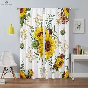 Floral Sunflower Print Curtains for Home Decor, Window Drapes, Bedroom, Living Room, Balcony, Kitchen, Rod Pocket, 2 Pieces W50xH130(CM)x2PCS&Rod pocket