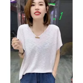 Flounced Sleeve Tops Small Summer Thin V-neck Ladieswear Knitwear Women s Ice Silk Shoulder Short Sleeve T-shirt Casual Shirt White All yards