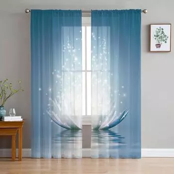 Flower Abstract Blue Lotus Sheer Curtains for Living Room Decoration Window Curtains for Kitchen Tulle Voile Organza Curtains W135 x H115cm x1