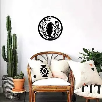 Flower and Bird Metal Wall Art - 30CM Round Iron Sculpture, Wall Dcor Hanging, Artwork, and Decorative Wall Sticker чёрный