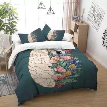 Покрывало на пододеяльник Цветочный и Человеческий мозг Шалфейно-зеленый Винтажный Тема Математики Науки Украшение Спальни для Детей Мальчиков Девочек Подарок 135x200cm 2pcs