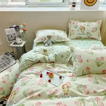 Flower Bedding Sets Skin Friendly Duvet Cover + Flat Sheet +2pc Pillowcase Spring King Queen Twin Single Full Size Bed Linen B91 AU-Sigle150x200 4pcs
