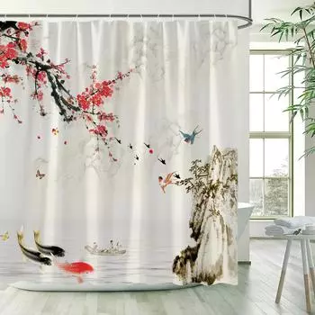 Flower Bird Scenery Shower Curtains Green Bamboo Red Floral Mountain Ink Landscape Bath Curtain Fabric Bathroom Decor with Hooks 90X180cm