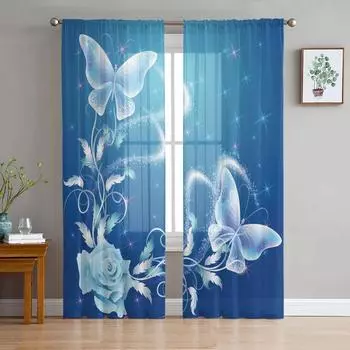 Flower Butterfly Blue Sheer Curtains Living Room Window Tulle Curtains For Bedroom Kitchen Home Decoration Voile Drapes W135 x H115cm x1&Rod Pocket