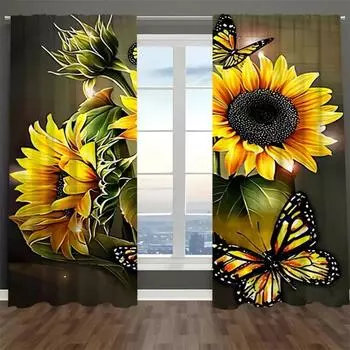 Flower Butterfly Sunflower Flower Curtain Protection Privacy Living Room Decoration Curtain, Suitable For Living Room Decoration 2x50W130H(CM)40x51in&Hook
