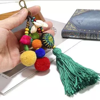 Flower Charms Keychains Beads Tassels 1pc Accessories Keyring Boho Style Colorful Pendant Jewelry Multicolor Pompom Women зелёный