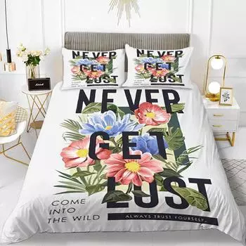 Flower Duvet Cover Set Words White Background with Colourful Flowers Pattern Bike King Size for Boys Girls Polyester Bedding Set 70x133cm 2pcs