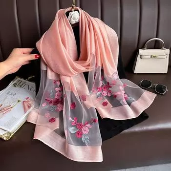 Flower Embroidery Luxury Silk Scarf Soft Thin Shiny Lace Scarf Fashion Women Hijab Shawls Female Style 7