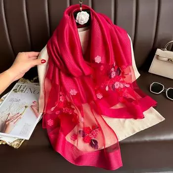 Flower Embroidery Luxury Silk Scarf Soft Thin Shiny Lace Scarf Fashion Women Hijab Shawls Female Style 9