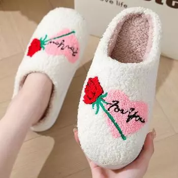 Flower Fur Slippers for Women Closed Toe Winter Warm Plush Home Slippers Woman 2024 Faux Fur Soft Flat Heel Couple House Shoes 36-37