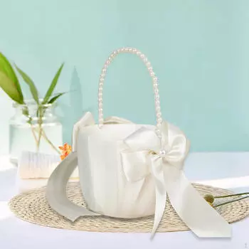 Flower Girl Basket White Satin Ribbons Bowknot Elegant Baskets Petal for
