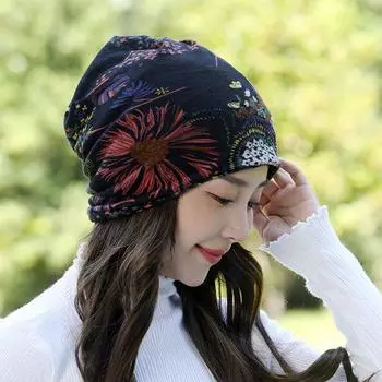 Flower Hat Female Fall and Winter K-style Keeping Warm Dual-Purpose Pullover Sports Cap Casual Earflaps Head-Wrapping Hat Scarf Confinement Cap [Increase thickened] Flowers Black One size