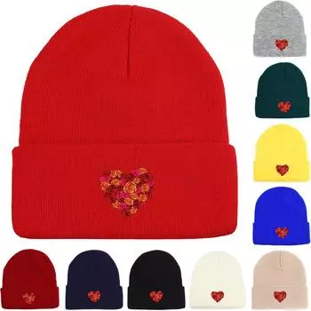 Flower Heart Print Knit Hat Beanie,Beanies Candy Color Slouchy Solid Bonnet Knitted Hat Beanie as the picture синий