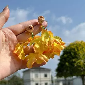 Flower in My Ears! Super Fairy Yellow Tassel Dry Rose Earrings Women s Seaside Holiday High-Profile Earrings Earrings Yellow Dry Rose Earrings-Silver Needles