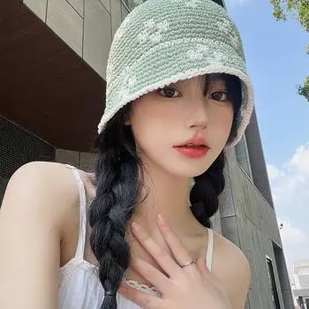 Flower knitted hat children summer thin breathable face small bucket hat Hyunya feng shui bucket hat tide M56-58cm красный