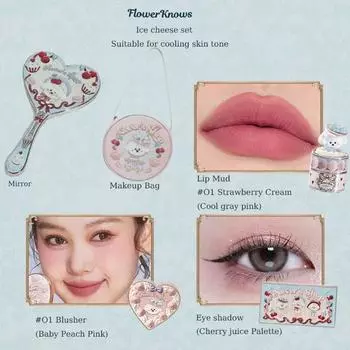 Flower Knows Never s Shop Collection All-in Makeup Set Cosmetics Полный профессиональный набор румян для губ и теней для век, Ice Cheese 5 шт., 5 предметов