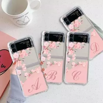 Flower Letter Pink A B C Fashion Initial Luxury Case For Samsung Galaxy Z Flip 3 4 5G Funda Z Flip3 Clear PC Hard Phone Coque Samsung Z Flip4 5G