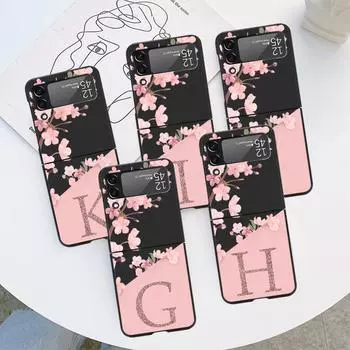 Flower Letter Pink Fashion Initial G L Luxury Case For Samsung Galaxy Z Flip 3 4 5G Funda ZFlip 3 Black PC Hard Back Phone Capas Samsung Z Flip 5G