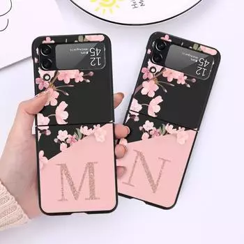 Flower Letter Pink Fashion Initial M N R Case For Samsung Galaxy Z Flip 3 4 5G Funda ZFlip 3 Black PC Hard Back Phone Capas Samsung Z Flip 5G