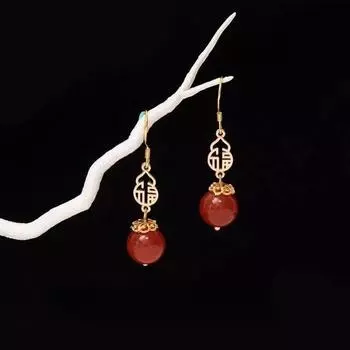 [Flower Moon Shadow] Sterling Silver Red Agate Fu Gourd Earrings Women s New Chinese Style Earrings Wedding Evening Gown Earrings Fuhulu Ear Hook
