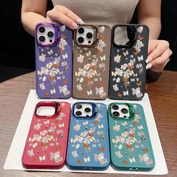 Flower Pattern Candy Color Soft Tpu Phone Case for iPhone 16 Pro Max 15 14 Pro 13 12 11 Lens Stand Shockproof Matte Drop Protection Cover iPhone 16 чёрный