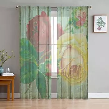 Flower Plant Rose Wood Grain Retro Tulle Curtain Voile Transparent Tulle for Bedroom Living Room Kitchen Sheer Window Curtains W135 x H114cm