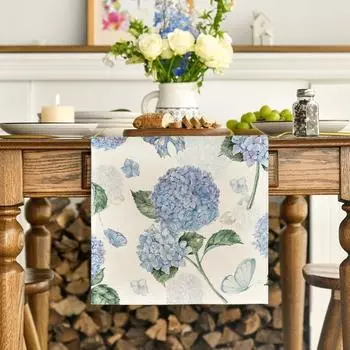 Flower Printed Blue Lemon Linen Table Runner Vintage Tablecloth Table Cover Wedding Party 33*120CM-Style B