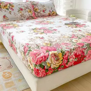 Flower Printed Fitted Bed Sheets Reactive Printed Sabanas Cama Matrimonial Single/Queen/King Mattress Cover Double Bedsheets Single90x200x25cm1pc