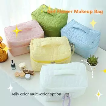 Flower Quilting Cloth Makeup Bag Women Cosmetic Organizer Female Storage Handbag Box Shape Toiletry Case for Girl