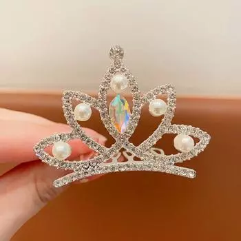 Flower Rhinestone Crown Hair Comb Pearl Crystal Hairpins Stylish Children Tiara Headband Daily E
