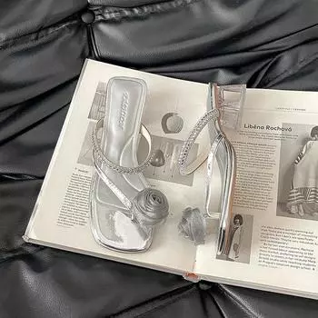 Flower rhinestone thick heel slippers women s summer outer wear summer new with skirt versatile sandals 35