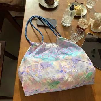 Flower Sea Holiday Canvas Thin Ins Casual Bag Drawstring Blue Sea of flowers