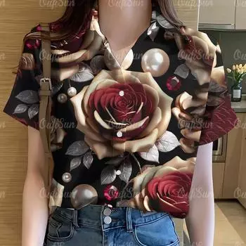 Flower Shirt for Women Clothing Rainbow Shirt Printed Shirt Graffiti Shirt Hawaiian Shirt Short-sleeve Casual Shirts Oversize Shirts for Women S