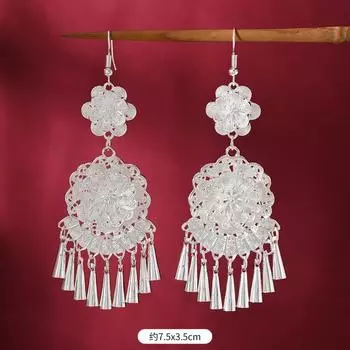 Flower silk butterfly seedling silver earrings retro long fringed niche high-end earrings women