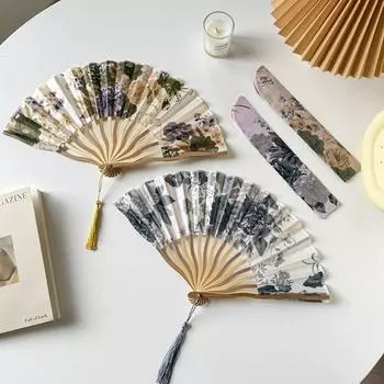 Flower Silk Folding Fan Chinese Style Tassel Folding Fan Vintage Handheld Fan Wedding Grey-Style B