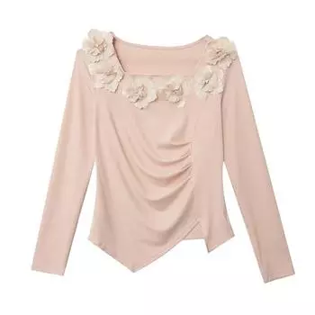 Flower Square Collar Top for Women In Winter New Style Irregular Slit Long-sleeved T-shirt Versatile Base Shirt S