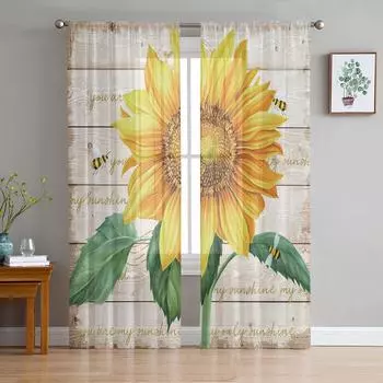 Flower Sunflower Bee Wood Grain Tulle Curtain Voile Transparent Tulle for Bedroom Living Room Kitchen Sheer Window Curtains W135 x H114cm