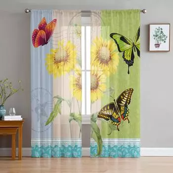 Flower Sunflower Butterfly Postmark Tulle Window Treatment Sheer Curtains for Living Room the Bedroom Curtains Decoration W135 x H114cm