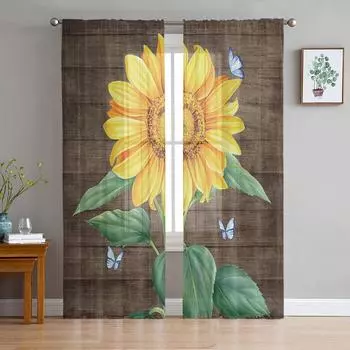 Flower Sunflower Butterfly Wood Grain Tulle Curtain Voile Transparent for Bedroom Living Room Kitchen Sheer Window Curtains W135 x H114cm