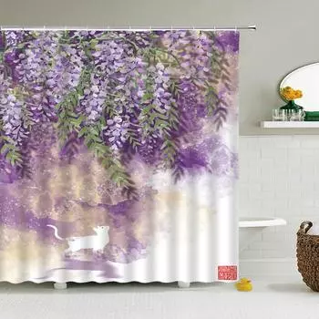 Flower Waterproof Shower Curtain Waterproof Polyester Fabric Bath Bathing Bathroom Curtains with 12 Hooks for Home Decorations W90xH180cm