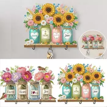 Flower Wooden Diamond Art Hanging Hooks Punch Free Rhinestone Painting Coat Hook DIY Diamond Painting Art Hooks DIY Crafts Decor