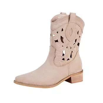 Flowering on the other side, new western cowboy boots embroidered hollow women s thick heel V-mouth knight boots women s retro short 34