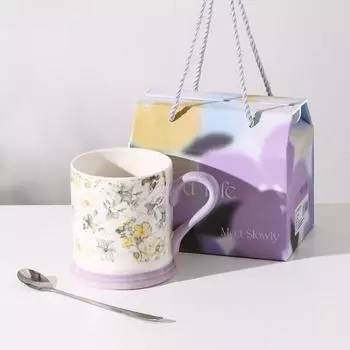 Flowers Blooming Ceramic Water Cup with Lid Couple Holiday Gift Couple Mug High looking Water Souvenir 401-500ml
