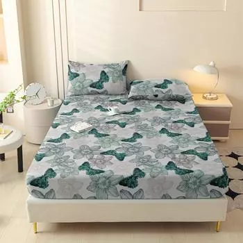 Flowers Butterflies Printed Fitted Sheet Set 3Pcs Breathable Soft Mattress Protector with Pillowcases Queen Size Bedding Set 120x200x30cm 3Pcs