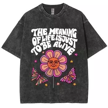 Flowers Butterfly Print Women s T-Shirt Washed Denim Oversized Crewneck Couple Unisex Style Half-Sleeved Sweetheart Top S