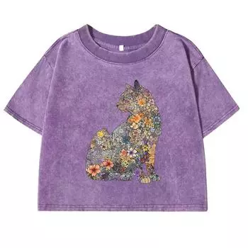 Flowers & Cats Printing Washed T Shirts Women Fashion Crop T-Shirt Street Tees Clothing Summer Cotton Short Sleeve M