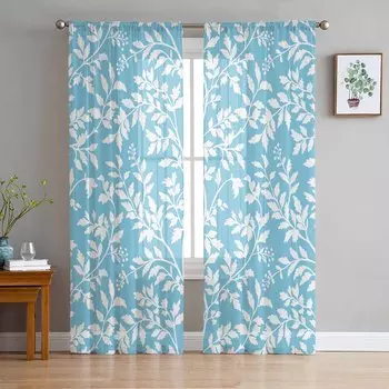 Flowers Leaves Branches And Plants Sheer Curtains for Kids Bedroom Living Room Voile Window Curtains Tulle Drapes W135 x H114cm