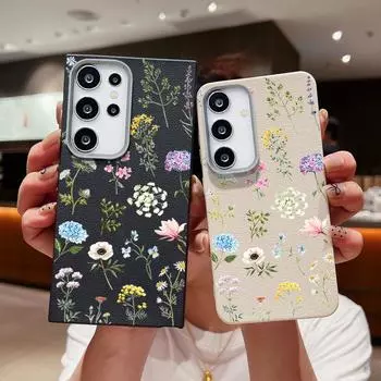 Flowers Plants Pattern Leather Texture Case for Samsung S24 S22 Ultra S23 S21 S20 Fe A55 A54 A53 A52 A35 A34 A15 Shockproof Soft Tpu Slim Cover Samsung S24 FE чёрный