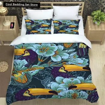 Flowers Toucan King Queen Duvet Cover Women Vintage Floral Bedding Set Blue Plant Comforter Cover 2/3pcs Polyester Quilt Cover EU single(135x200cm)